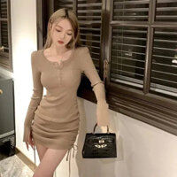 NZN Mùa Xuân Mới 2025 Đơn Giản Màu Trơn Gợi Cảm Dài Tay Đầm Hông Quấn Váy