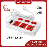 Ổ Cắm 5 LỖ USB Điện Quang 5ECO 2A (5 lỗ, 2 cổng USB 2.0A, màu trắng đỏ) - Tự ngắt điện khi quá tải, dây dài 2m/5m