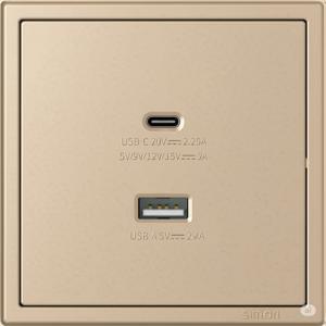 Ổ cắm cổng sạc USB 5V 2,4A và USB type C 45W vuông Simon i7 70E727
