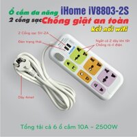 Ổ cắm đa năng nối dài iV8803-2S - Ngắt 2 dây chống giật an toàn - 2 Cổng sạc - 2000W tổng 6 ổ cắm