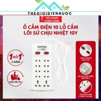 Ổ cắm điện 10 cửa lõi sứ chịu nhiệt SOPOKA 10Y cao cấp chính hãng, 2200W, 2 nút nguồn siêu bền, chống cháy, dây dài 2-6m