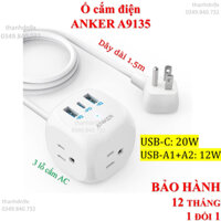 Ổ cắm điện Anker 321 Power Strip - A9135 - tặng đầu chuyển 3 chấu tích hợp sạc nhanh cho iPhone Samsung