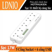 Ổ cắm điện đa năng 11 in 1 trang bị 5 ổ cắm điện, 6 USB-A chuẩn 2.4A hiệu LDNIO SC5614