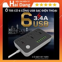 Ổ Cắm Điện Đa Năng T05, Thông Minh Tiêu Chuẩn EU - 6 Cổng USB Hỗ Trợ Sạc Nhanh 3.4A - Tích Hợp IC Chống Cháy Nổ