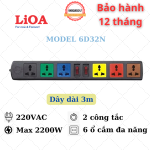 Ổ cắm điện Lioa 6D32N ( 6 chấu, dây dài 3m)