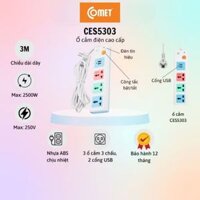 Ổ Cắm Điện Nối Dài COMET CES5303 2500W Dây 3M, 3 Ổ Cắm 3 Chấu, 2 Cổng Sạc USB