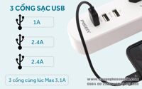 Ổ Cắm Điện Pisen PSCXB-01U - 2 Cổng USB 2.4A, 1 cổng USB 1.0A, 3 cổng AC