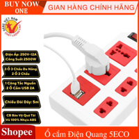 Ổ cắm Điện Quang 5ECO 2A, ổ cắm điện dây 2m 5m bao gồm 5 lỗ cắm và 2 cổng USB 2.0A công suất tối đa lên đến 2500W