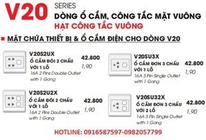 Ổ cắm đôi 2 chấu 16A với 2 lỗ và viền đơn trắng LiOA V20S2U2X