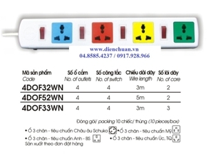 Ổ cắm Lioa 4D ON-OF có nắp che dây 3mx2trắng 4DOF32WN