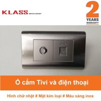 Ổ cắm TV + ổ cắm điện thoại hình chữ nhật màu bạc sáng inox KLASS 118KQ3-036