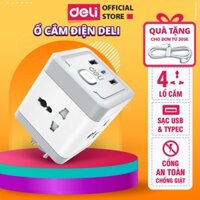 Ổ Chuyển Đổi DELI Phích Cắm Điện Đa Năng Cổng Sạc USB TypeC Chống Giật An Toàn Công Suất 2500W