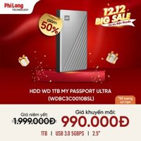 Ổ cứng gắn ngoài WD 2.5 1TB My Passport Ultra USB 3.0 Type C (WDBC3C0010BSL)