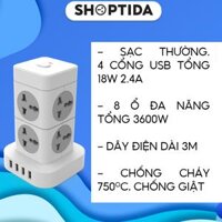 Ổ  điện đa năng shoptida hình tháp nhiều tầng T8 T12 chịu tải 3600W, an toàn chống cháy chống giật, dây dài 3m và 4m - THÁP T8