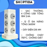 Ổ  điện đa năng shoptida hình tháp nhiều tầng T8 T12 chịu tải 3600W, an toàn chống cháy chống giật, dây dài 3m và 4m - THÁP T12