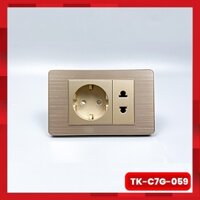 Ổ Điện Đôi 2 Chấu Và Ổ Cắm Chìm Chuẩn Đức Âm tường Nhật Bản Mặt Hợp Kim Màu Vàng TENKO TK-C7G-059