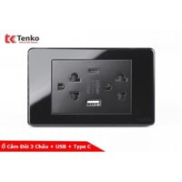 Ổ Điện Đôi 3 Chấu Tích Hợp 2 Cổng USB+Type-C Sạc Âm Tường Mặt Nhựa Đen TENKO TK-C9-046
