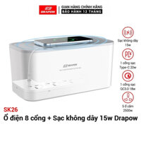 Ổ điện đóng hộp Drapow SK26 5 ổ cắm 2500W, 1 cổng Type C 20W,1 cổng QC 18W, 1 cổng USB-A 12W, Sạc không dây