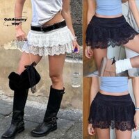 Oakdenemyway Ren Xù Váy, Harajuku Y2K Dạo Phố Ren Mini Váy, xuyên thấu hai lớp thêu hoa mông trang trí quần jean