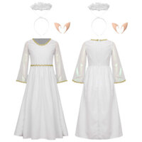 Ocealan Girls Halloween Angel Cosplay Trang Phục Dài Tay Vàng Viền Đầm Cao Su Elf Tai Và Thiên Thần Tóc Vòng Bộ