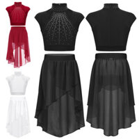 Ocealan Kids Girls Áo Crop Top không tay hình kim cương giả sáng bóng với váy voan viền cao để trượt băng nghệ thuật Biểu diễn thể dục khiêu vũ