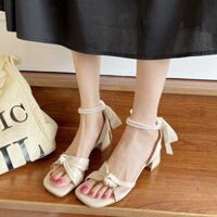 {Od QC}T313 sandal mũi bằng quai ngọc đính nơ cao gót thời trang phong cách mẫu mới