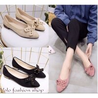 [OD9] Giày bệt búp bê nữ đế bằng da lộn đính nơ xinh xắn hàng QC cao cấp - Kèm hình thật