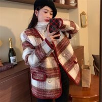 {ODER} Áo khoác dạ lông cừu hoạ tiết kẻ Đỏ/ ghi phong cách Hàn Quốc