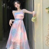 oder Đầm váy dài hai dây loang màu tím hồng nhẹ nhàng đi biển phong cách Pháp Retro Vintage Taobao mới 2023