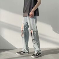 Oder Quần bò rách gối unisex hiphop quần jean nữ rách gối from rộng quần baggy rách quần bò jean nam