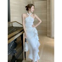 (Oder) Váy đầm ôm xẻ tà thiết kế bèo lệch cổ yếm buộc sau. Váy đầm đuôi cá dáng dài chất liệu cao cấp