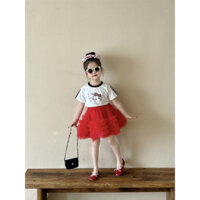 (ODQC/Size nhỡ) Quần áo trẻ em, set váy cho bé gái, áo trắng Hello kitty cổ viền kèm váy công chúa đỏ bồng bềnh QCCC