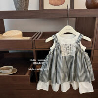 (ODQC/Size nhỡ) Quần áo trẻ em, váy hè cho bé gái, QCL1 váy 2 dây kẻ caro tầng phối kết hợp với áo thun sát nách điệu đà