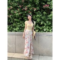 Off-Shoulder Mermaid Dress Women's Set Long Skirt High Waist Satin Floral Vintage Bowknot Collection2518Lace up[]Summer T T-shirt