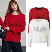 OH0F Self-Portrait 2024Year of the Dragon Red Sweater New Year Clothes Rhinestone Round Neck Versatile Pullover Knitted Top