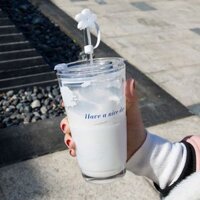 Ohaya | Cốc thủy tinh Ins Cloud có một ngày đẹp trời Cốc rơm 450ml Cốc thủy tinh dung tích lớn có nắp Quà tặng