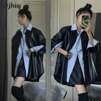 OJHIG  áo khoác da đen mùa thu đông dáng rộng mỏng biker gió áo khoác pu