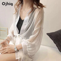 OJHIG Áo sơ mi nữ voan xuyên thấu dài tay siêu mỏng thoáng khí áo sơ mi chống nắng
