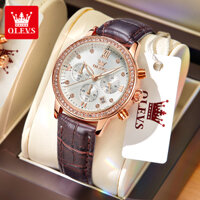 OLEVS Đồng hồ nữ dạ quang chống thấm nước dây da chính hãng đa chức năng lịch chronograph 9933