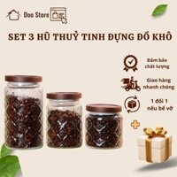 ombo 3 Hũ Thủy Tinh Nắp Gỗ Đựng Thực Phẩm Khô P047 - Doo