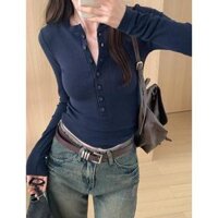 🌺[on-on] trơn basic Y2k áo thun tay dài ôm body Cổ Tròn áo phông nữ Nút bấm