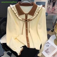 Onetimingfine Nữ Xù Dài Tay Dệt Kim Áo Len Đơn Ngực Ve Áo Nơ Áo VN