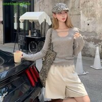 Onetimingfine Rách Áo Len Nữ Tay Dài Màu Trơn Áo Chui Đầu Cơ Bản VN