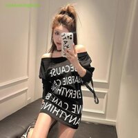 Onetimingfine Slant Vai Mini Đầm Nữ Tay Dài In Chữ Co Giãn Bodycon Đầm VN