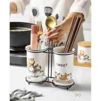 Ống cắm đũa sứ 2 cao cấp Home Cat Sweet  ỐNG ĐỰNG ĐŨA CHẤT LIỆU SỨ KHUNG KIM LOẠI HOẠT TIẾT CHÚ MÈO 2022 - Khung đen