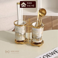 Ống cắm đũa sứ họa tiết vân đá | 2 Hũ sứ có lỗ thoát nước đựng Đũa - Thìa Súp - Nĩa kèm khung inox vàng gương không rỉ