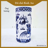 Ống cắm hương men xanh vẽ-Gốm sứ Bát Tràng cao cấp-Đồ thờ Bình An-Decor Phong thủy