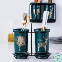 Ống đựng đũa sứ 2 lọ xanh cổ vịt họa tiết hươu voi sứa hàng xuất Nhật