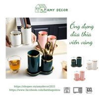 Ống đựng đũa thìa họa tiết Phnom phenh viền vàng cách điệu, sang trọng, sứ cao cấp, an toàn