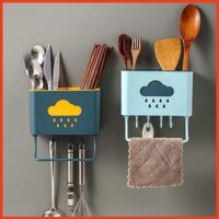 Ống đựng đũa thìa treo tường hình đám mây kèm móc treo khăn dụng cụ bếp - xanh đậm